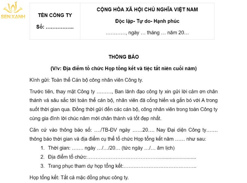  Nội dung phần đầu thông báo gồm quốc hiệu, tên công ty và tiêu đề